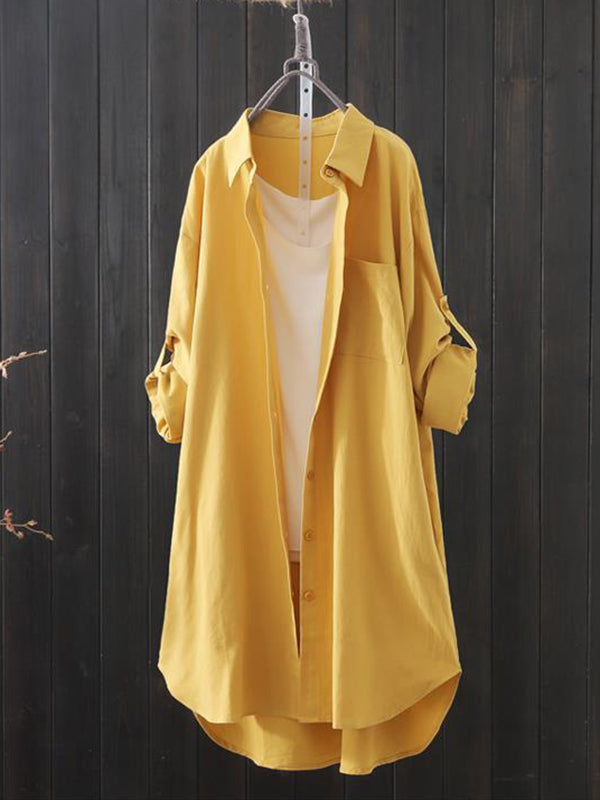 Chemise à ourlet plongeant, à manches longues, à col revers, couleur unie
