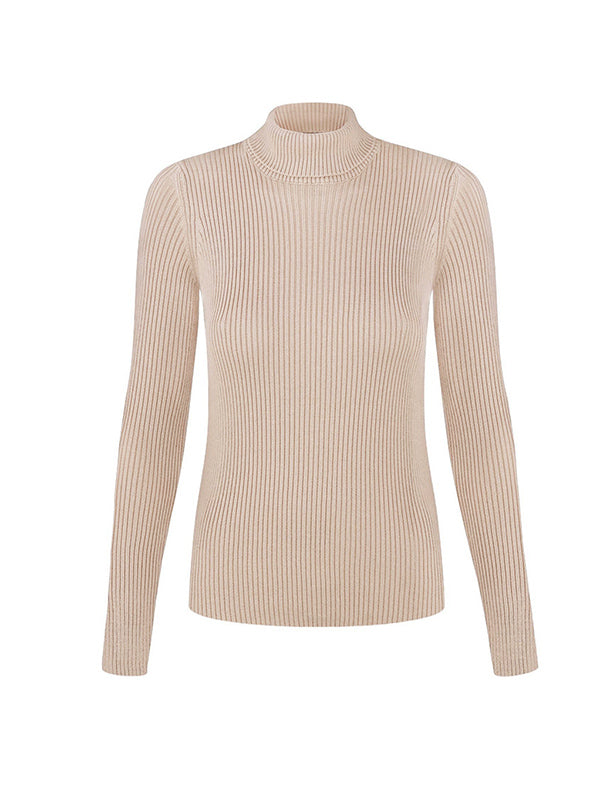 Pull à manches longues, coupe près du corps, à col haut, couleur unie