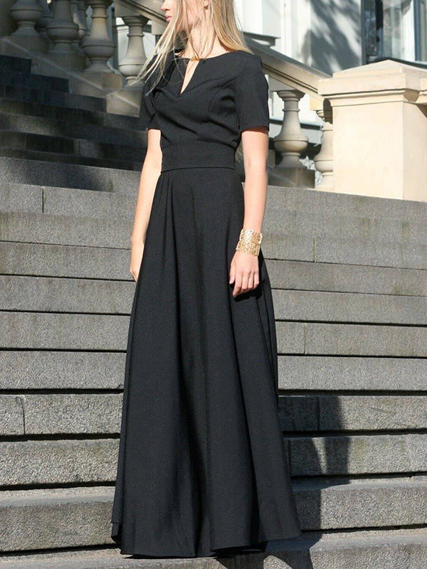 Robe longue à manches mi-longues, taille haute, à taille nouée, à col en V, couleur unie