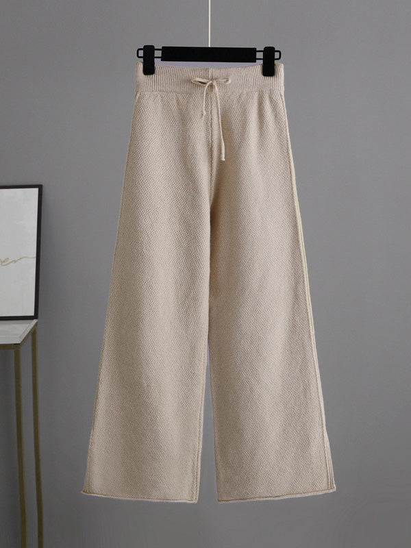 Ensemble deux pièces élégant ample à ourlet plongeant, à manches longues, à col rond, à jambes larges, couleur unie – pull + pantalon