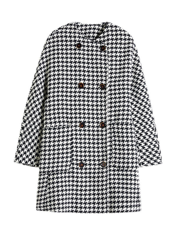 Manteau en laine ample boutonné à motif pied-de-poule, à col rond, à manches longues