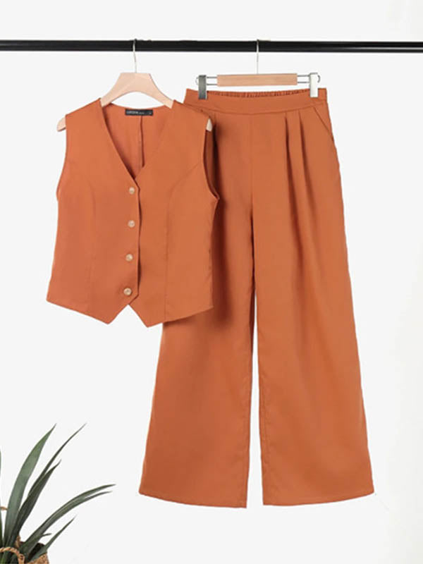 Ensemble deux pièces ample, couleur unie, col en v, pantalon élastique, grande taille
