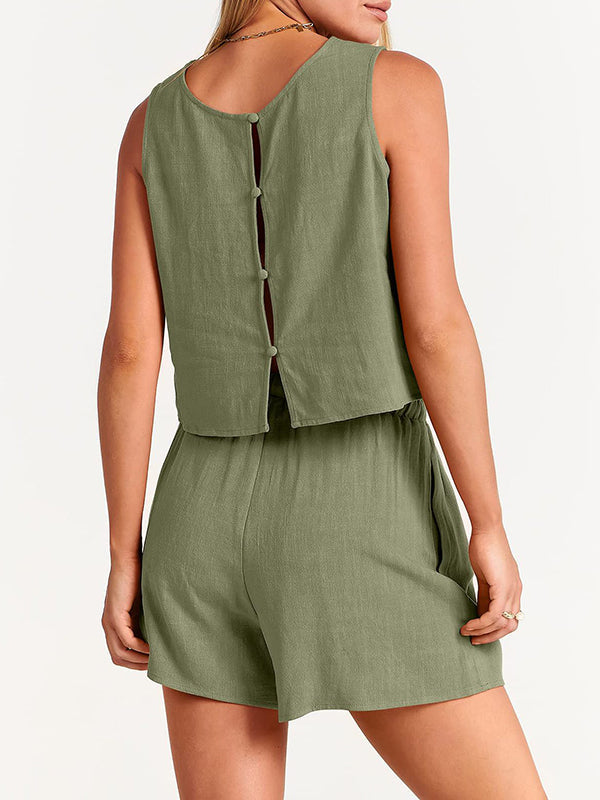 Ensemble deux pièces gilet à col rond de couleur unie + short à cordon élastique