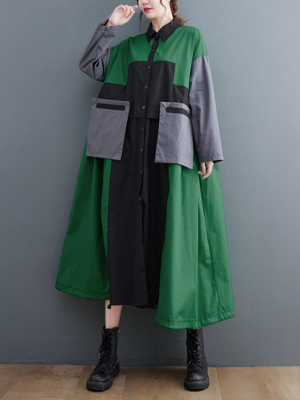 Robe mi-longue ample vintage, à manches longues, col polo, couleur contrastée