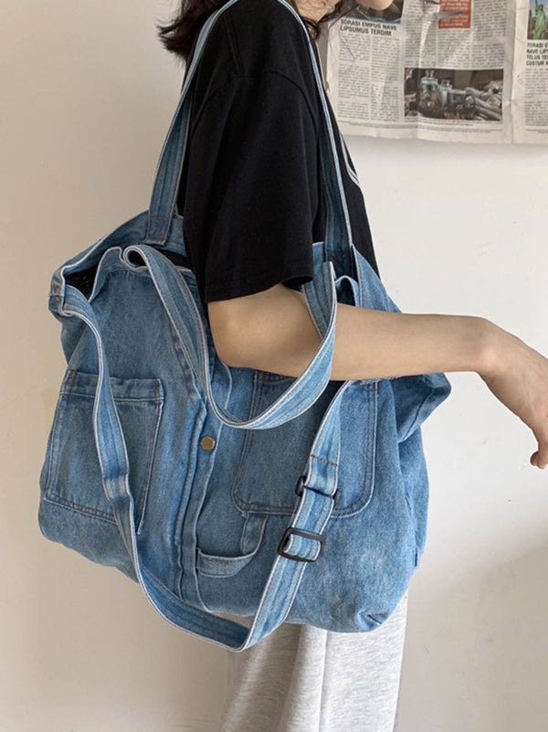 Sac décontracté en jean, à empiècements, couleur unie