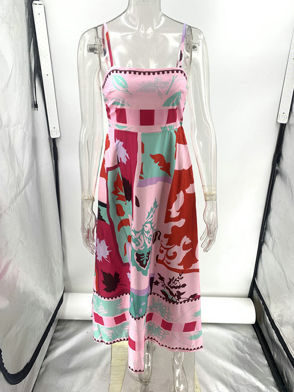 Robe mi-longue sans col, taille haute, plissée, imprimée, fendue, sans col