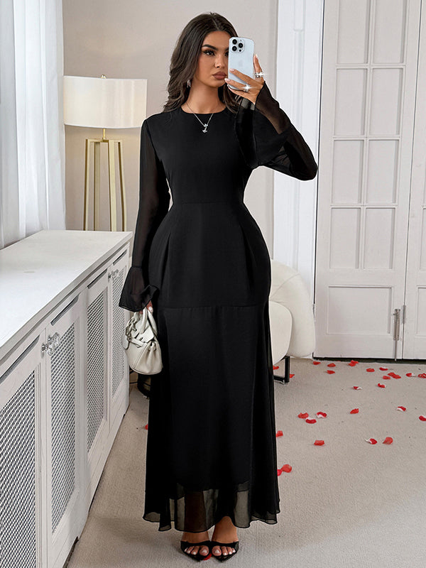 Robe longue transparente à taille élastique, à manches évasées, à empiècements, à col rond, couleur unie