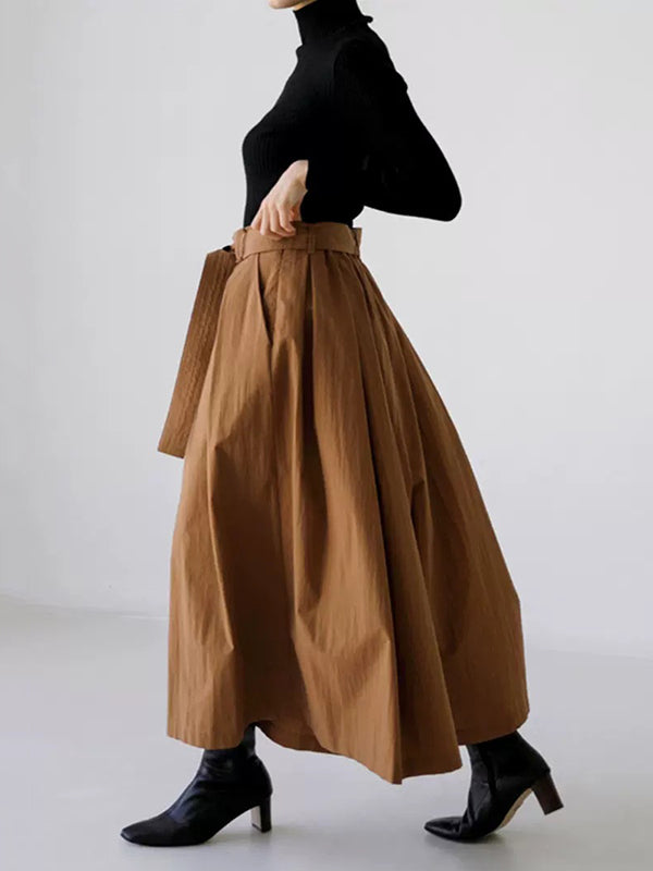 Pantalon ample plissé taille haute, à taille nouée, à jambes larges, couleur unie