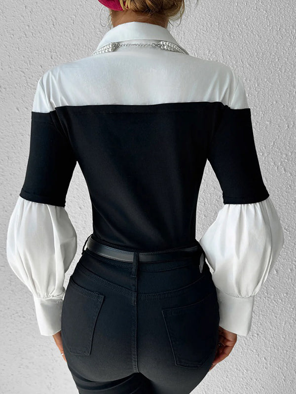 Chemisier ample boutonné plissé à manches longues, à empiècements, à col revers, couleur contrastée