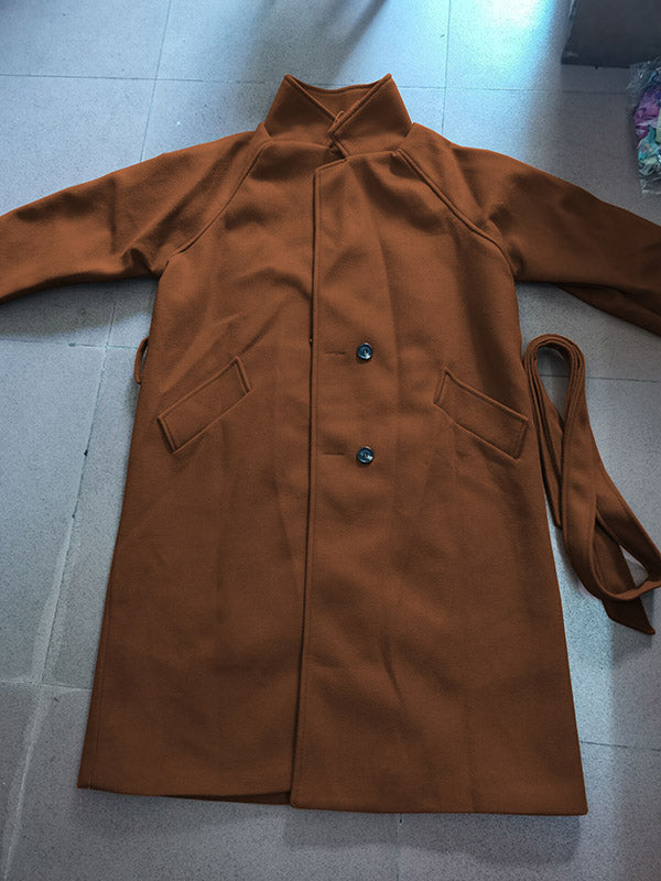 Manteau en laine urbain ample avec ceinture, couleur unie