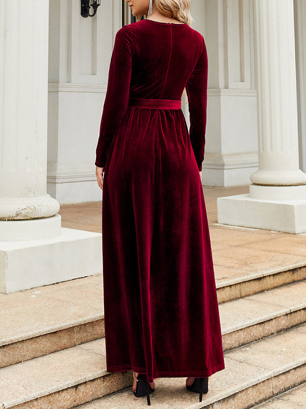 Robe longue plissée à manches longues, coupe portefeuille, avec ceinture, à fermeture éclair, à col rond, couleur unie
