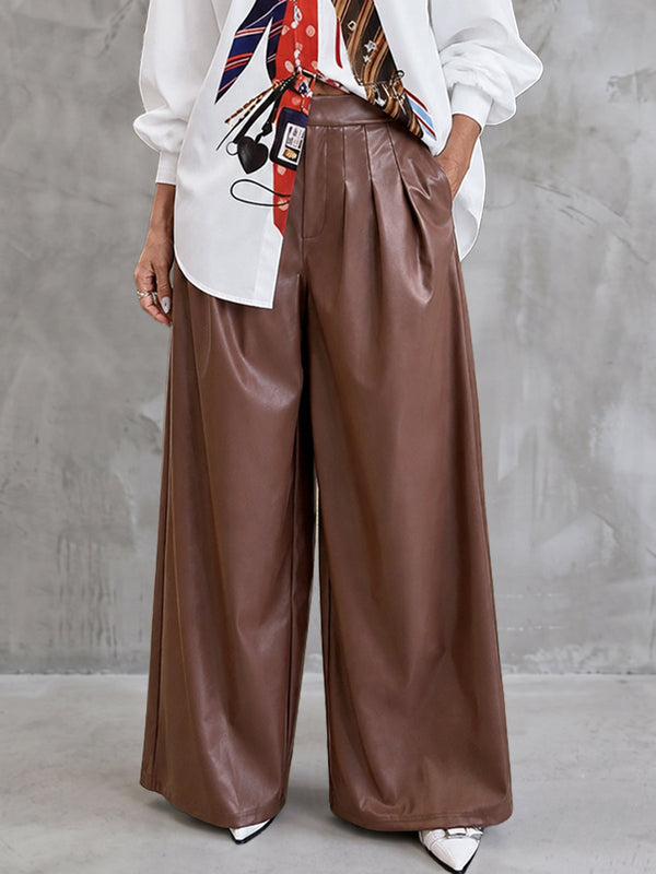 Pantalon plissé à fermeture éclair, à poches, à jambes larges, taille haute, couleur unie