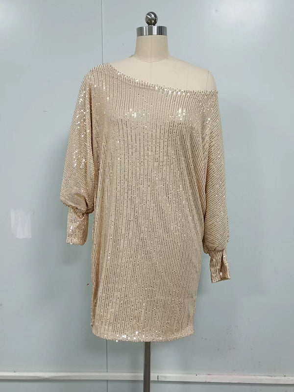 Robe courte ample asymétrique coupe trapèze, à sequins, asymétrique à une épaule, couleur unie