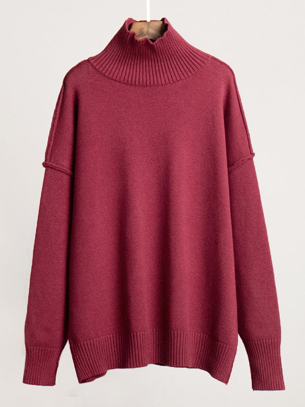 Pull ample à manches longues, à empiècements, à col haut, couleur unie
