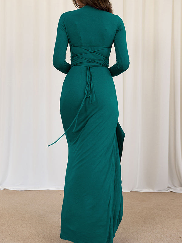 Robe longue moulante asymétrique plissée volantée taille haute, à empiècements, à col rond, couleur unie