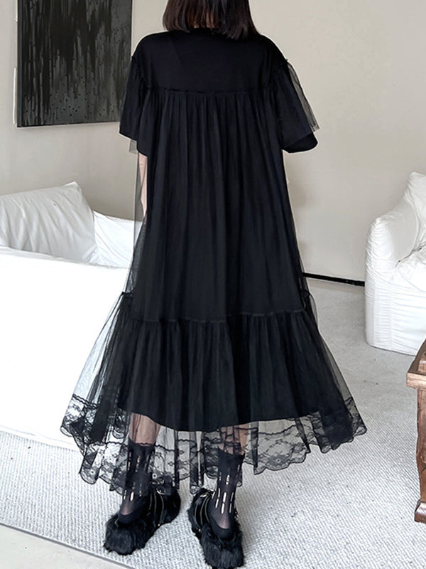 Fausses robes mi-longues en gaze ample plissées en deux pièces, couleur unie, à empiècements, à plusieurs niveaux, col rond