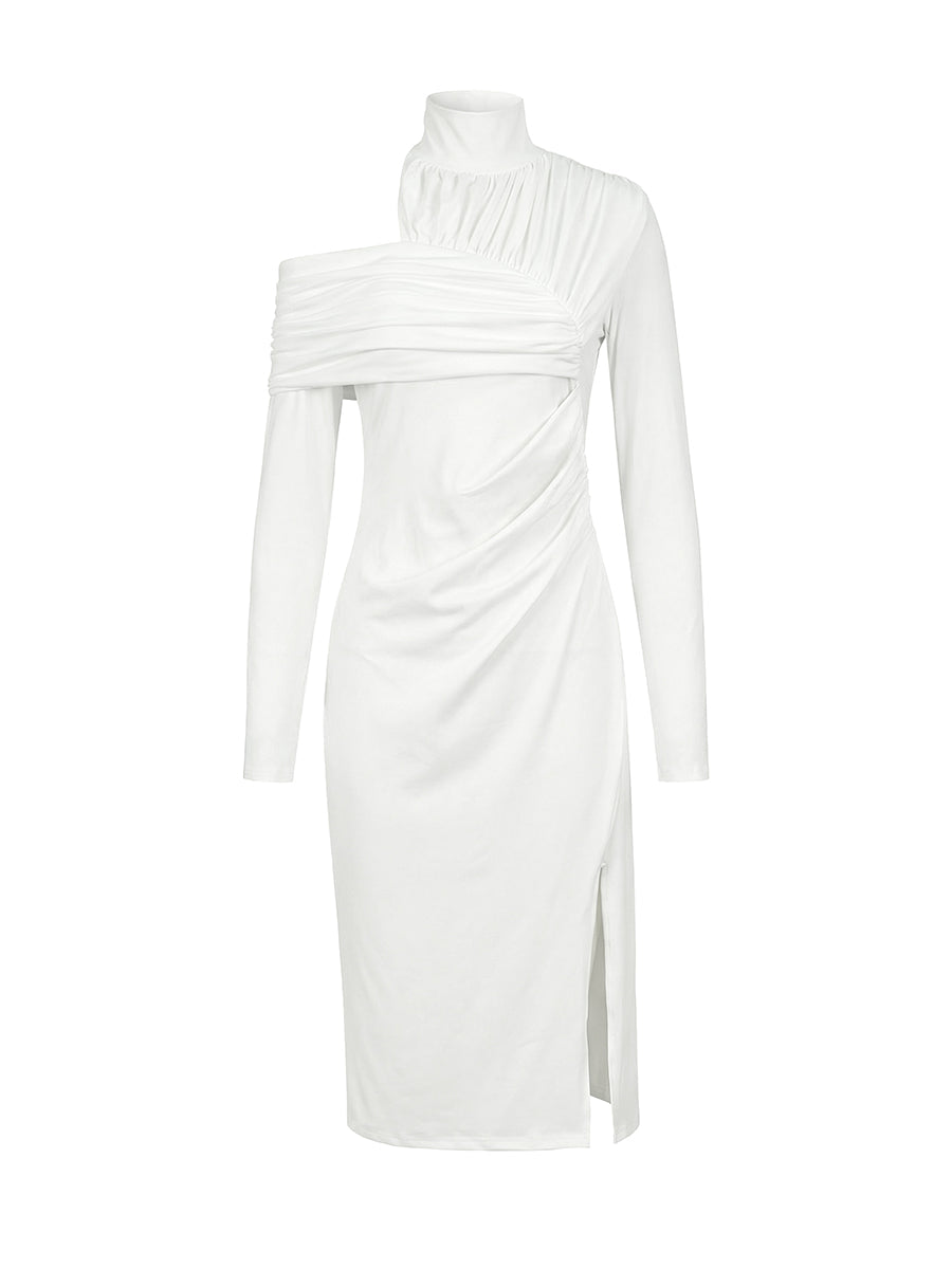 Robe mi-longue asymétrique plissée fendue devant fendue sur le côté à manches longues, à empiècements, à col haut, couleur unie