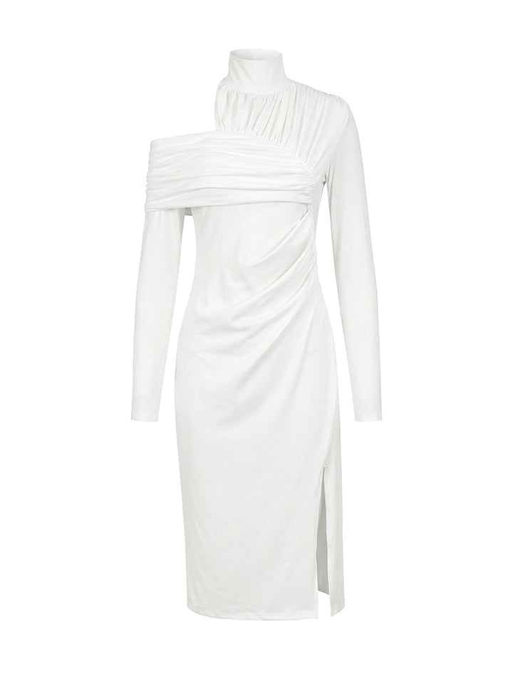 Robe mi-longue asymétrique plissée fendue devant fendue sur le côté à manches longues, à empiècements, à col haut, couleur unie