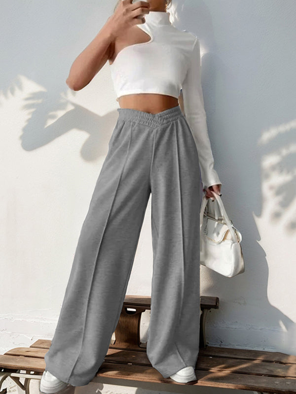 Pantalon ample taille haute, à taille élastique, couleur unie