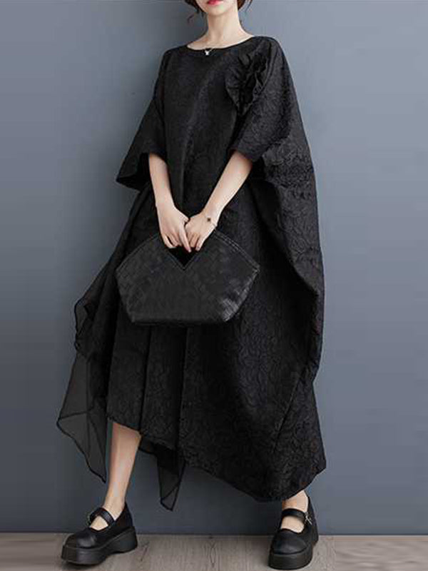 Robe mi-longue ample asymétrique plissée à manches chauve-souris, en forme de fleur, en gaze, en jacquard, à empiècements, à col rond, couleur unie