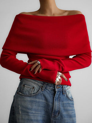 Pull ample à manches longues, à épaules dénudées, couleur unie
