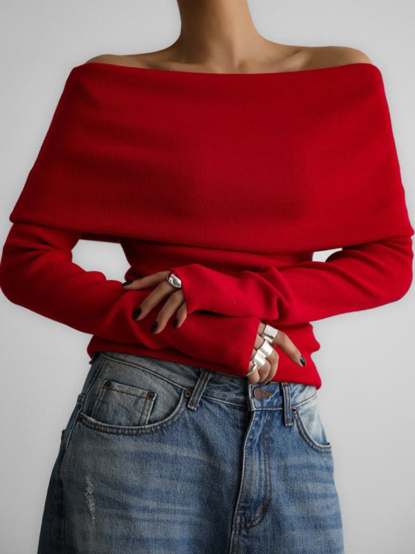 Pull ample à manches longues, à épaules dénudées, couleur unie
