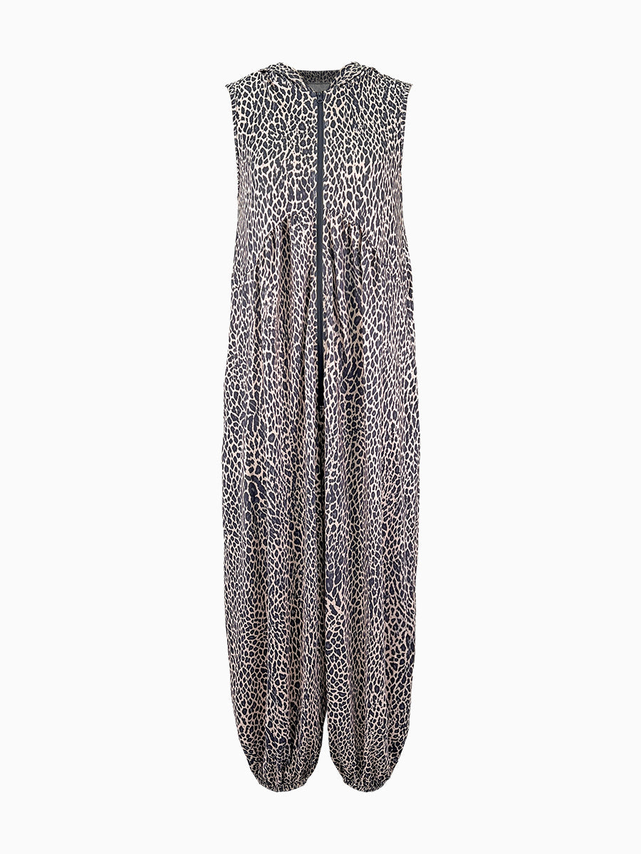 Combinaisons taille haute amples de couleur contrastée, poches plissées léopard, fermeture éclair à capuche, bracelets de cheville