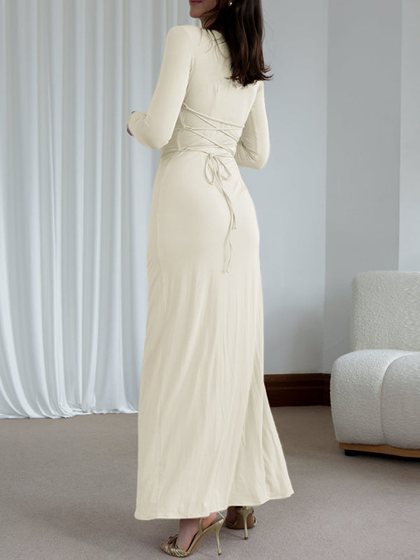 Robe longue moulante asymétrique plissée volantée taille haute, à empiècements, à col rond, couleur unie