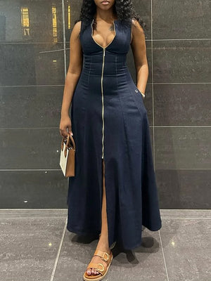 Robe longue ample fendue devant taille haute, à fermeture éclair, à col en V, couleur unie
