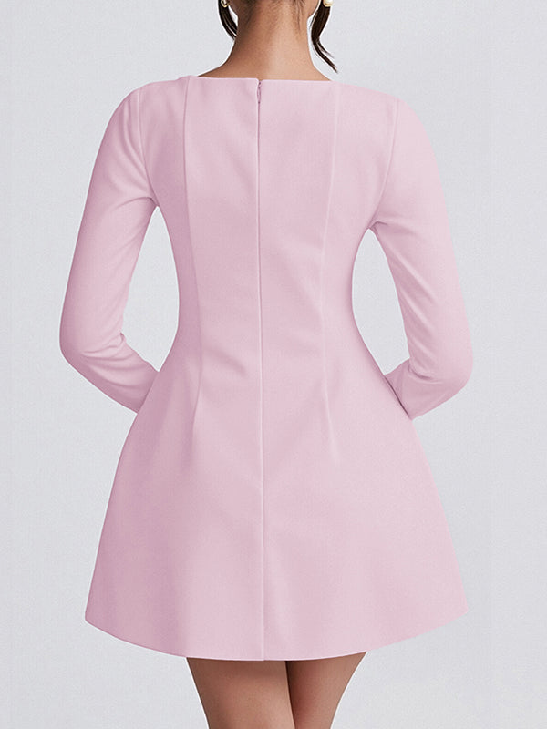 Robe courte moulante coupe trapèze, à fermeture éclair, à col carré, couleur unie