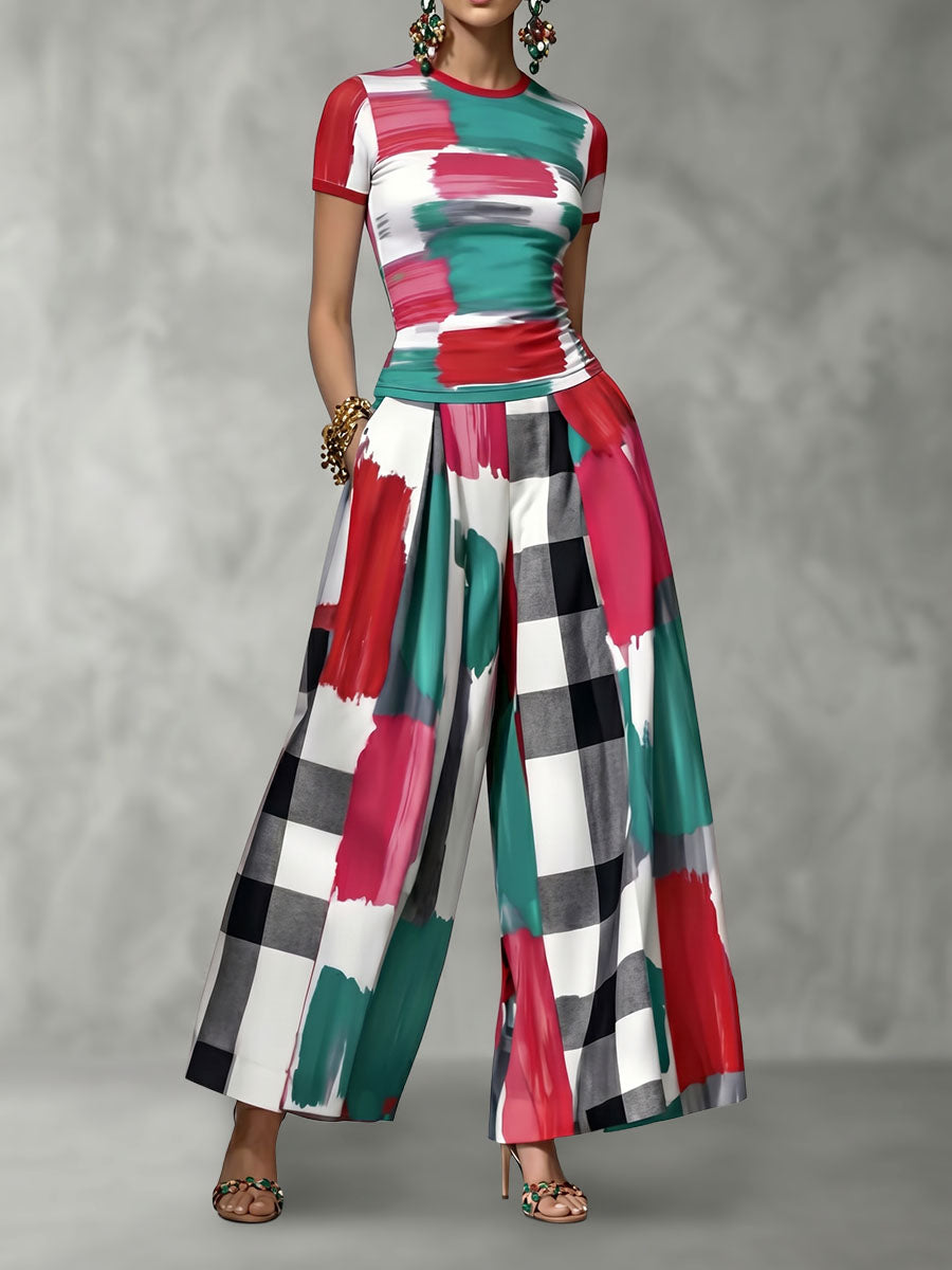 Pantalon plissé taille haute, à jambes larges, à carreaux, à poches, à empiècements, couleur contrastée