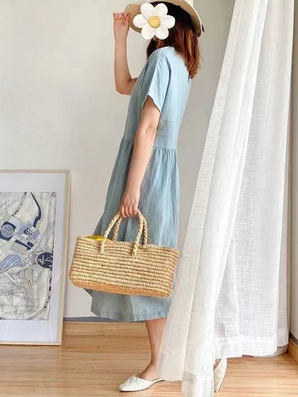 Robe mi-longue décontractée ample à col rond, couleur unie