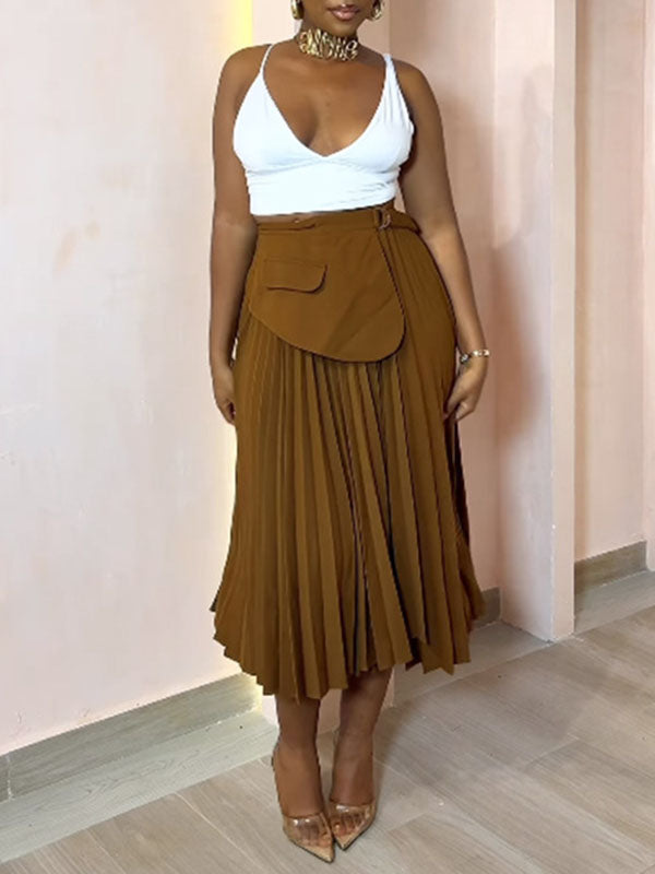 Jupe asymétrique plissée coupe trapèze, taille haute, à empiècements, couleur unie