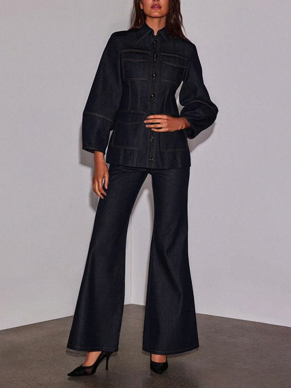 Jean taille haute, à jambes larges, à poches, couleur unie