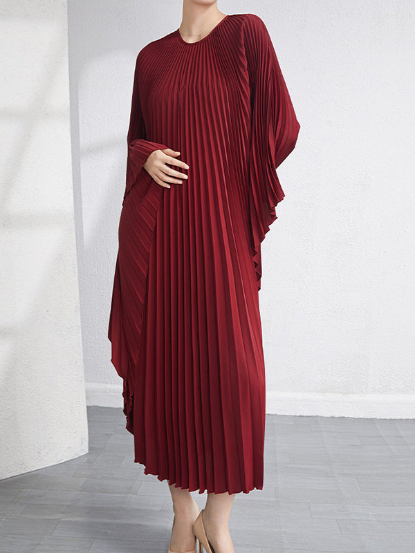 Robe longue ample plissée à manches chauve-souris, couleur unie