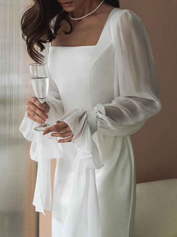 Robe longue plissée transparente à manches évasées, coupe près du corps, en gaze, à empiècements, à col carré, couleur unie