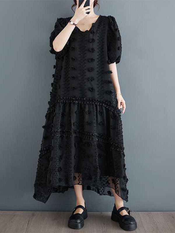 Robe mi-longue coupe trapèze, à manches mi-longues, à taille élastique, en jacquard, à empiècements, à col en V, couleur unie