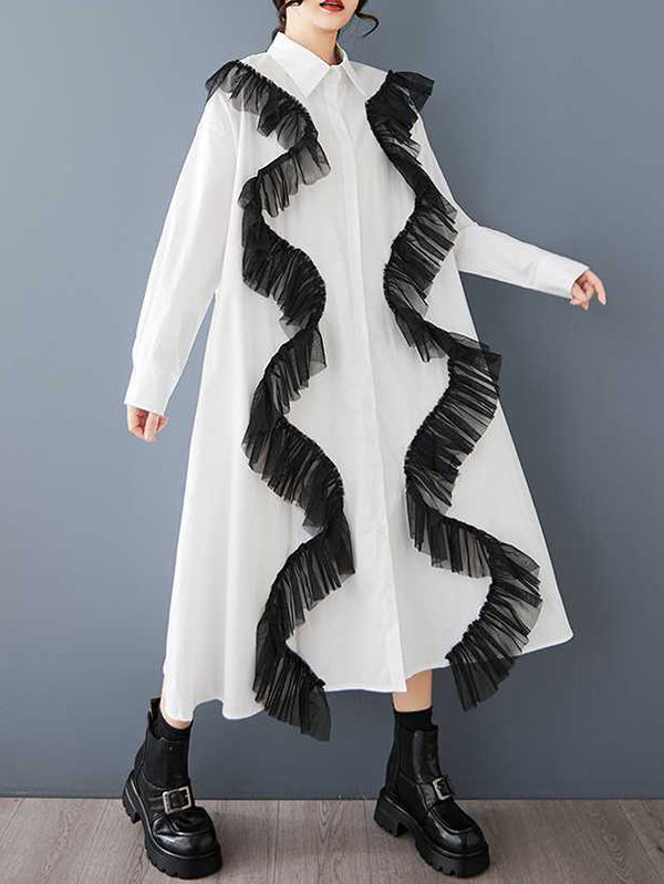 Robe chemise boutonnée coupe trapèze, à manches longues, à empiècements, à col revers