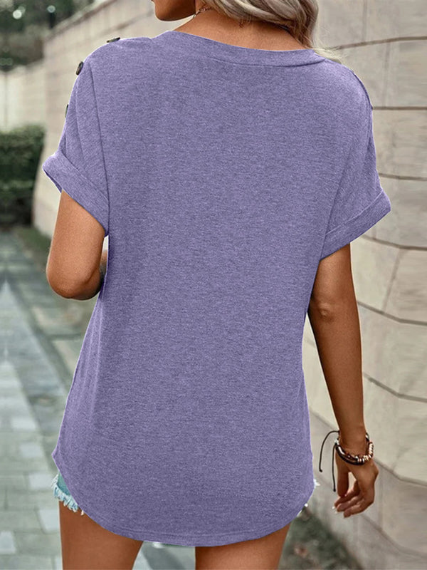 T-shirt ample boutonné à manches courtes, à col en V, couleur unie