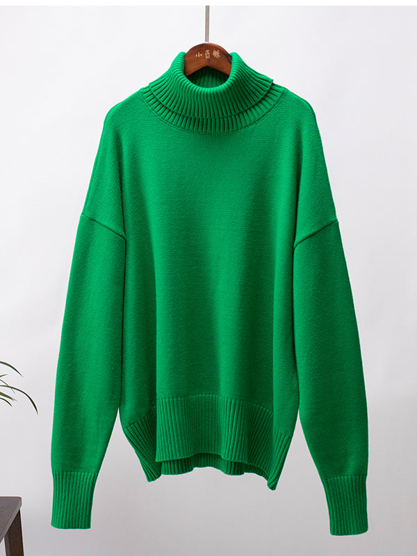 Pull en maille ample à manches longues, à col haut, couleur unie