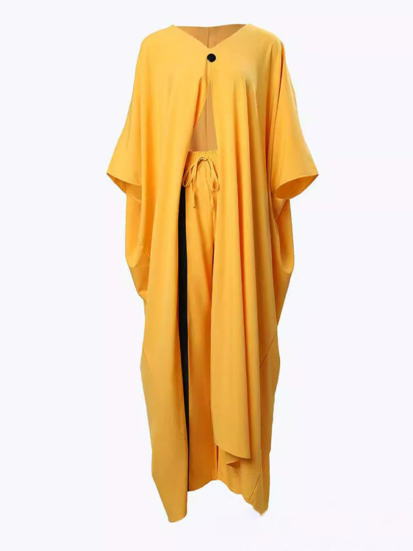 Ensemble deux pièces fendu devant à manches chauve-souris, à col en V, taille haute, à taille élastique – kimono + pantalon