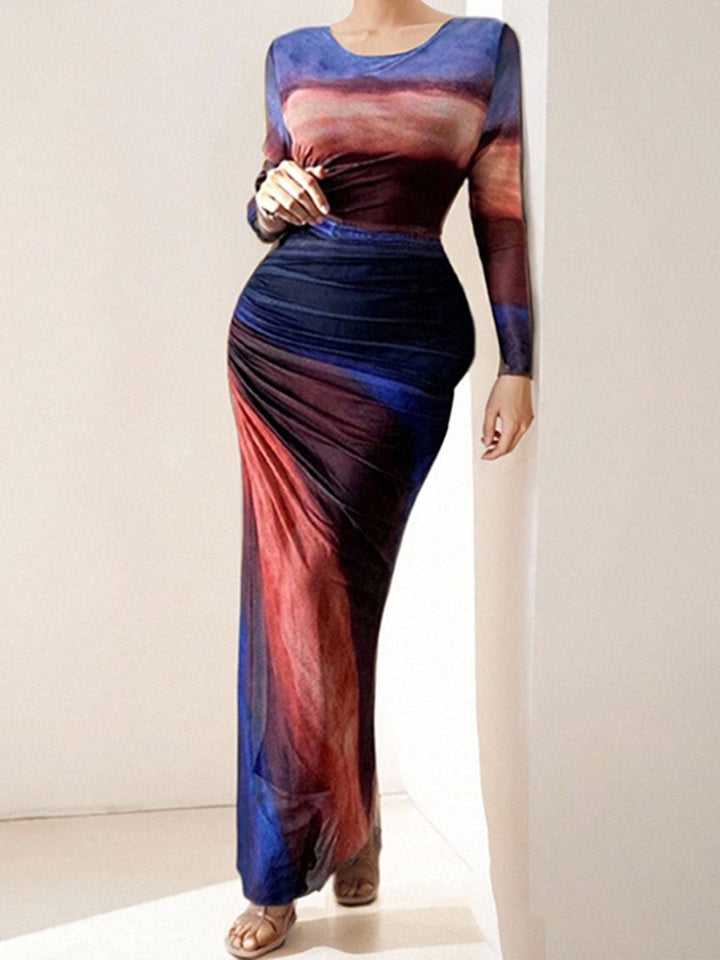 Robe longue moulante plissée imprimée taille haute, à empiècements, à col rond, couleur contrastée