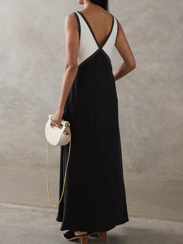Robe longue ample sans manches, à empiècements, à décolleté en V profond, couleur contrastée