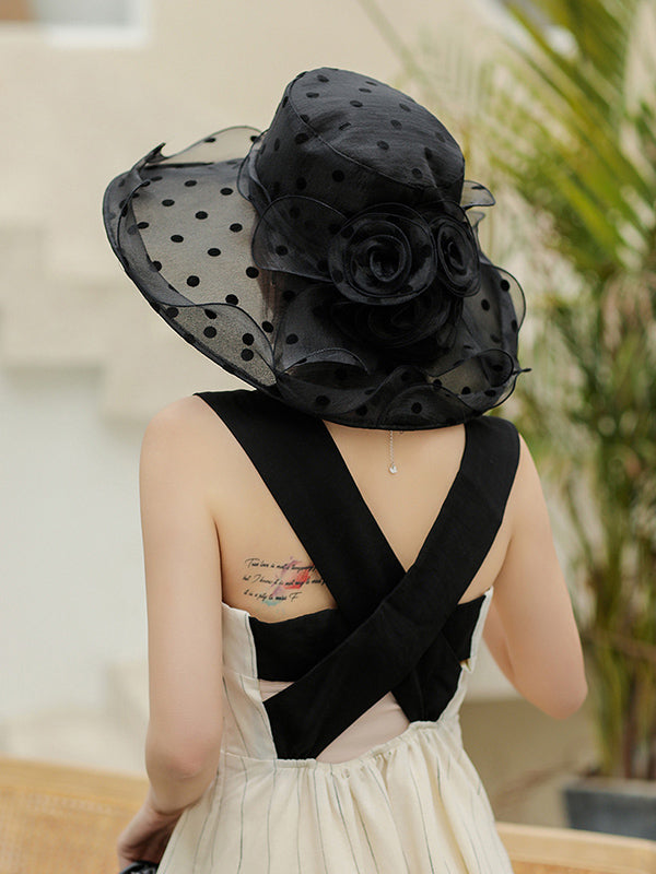 Chapeau de soleil transparent en forme de fleur, en gaze, à pois, à empiècements