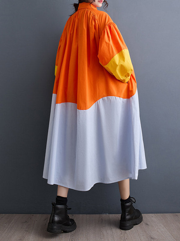 Robe chemise ample plissée à manches bouffantes, à empiècements, à col revers, couleur contrastée