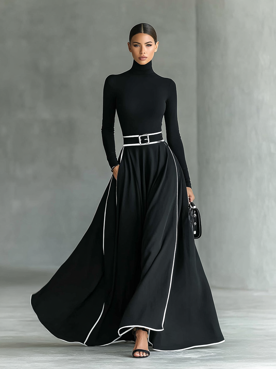 Romilly – Robe Maxi à Manches Longues avec Ceinture Fine