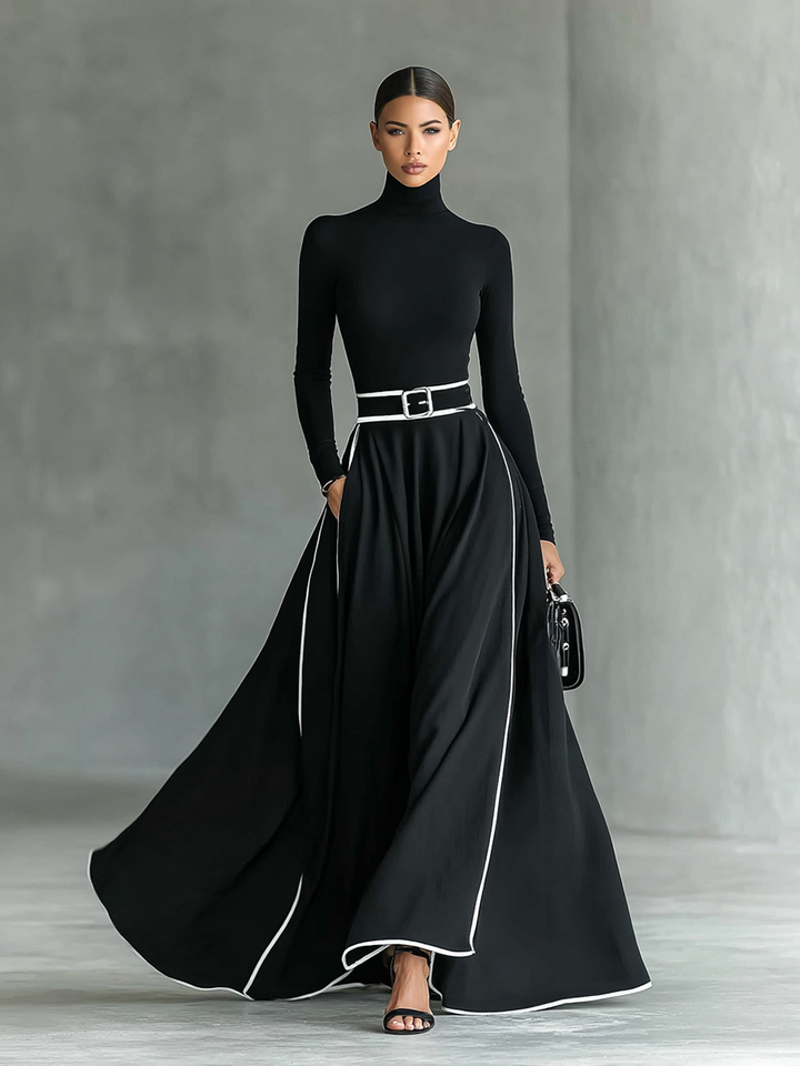 Romilly – Robe Maxi à Manches Longues avec Ceinture Fine