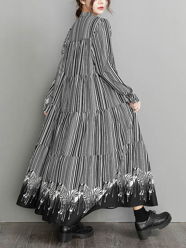 Robe mi-longue ample rayée boutonnée vintage, à col montant, à manches longues
