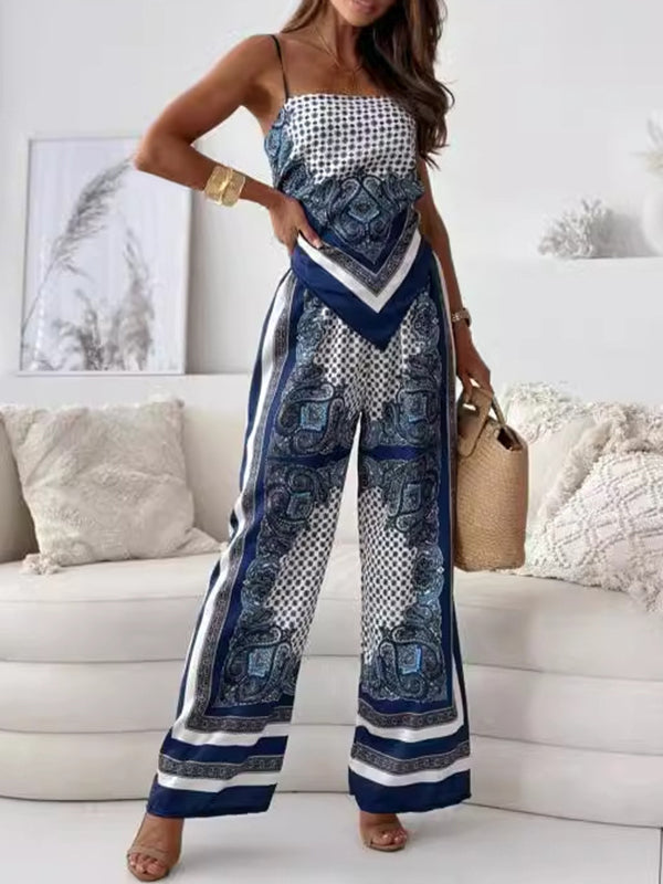 Ensemble deux pièces imprimé à la mode, haut à bretelles, pantalon décontracté, bas