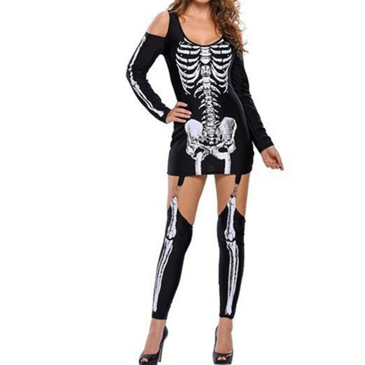 Ensemble de costume d'Halloween pour femmes | Sans épaules & avec imprimé squelette